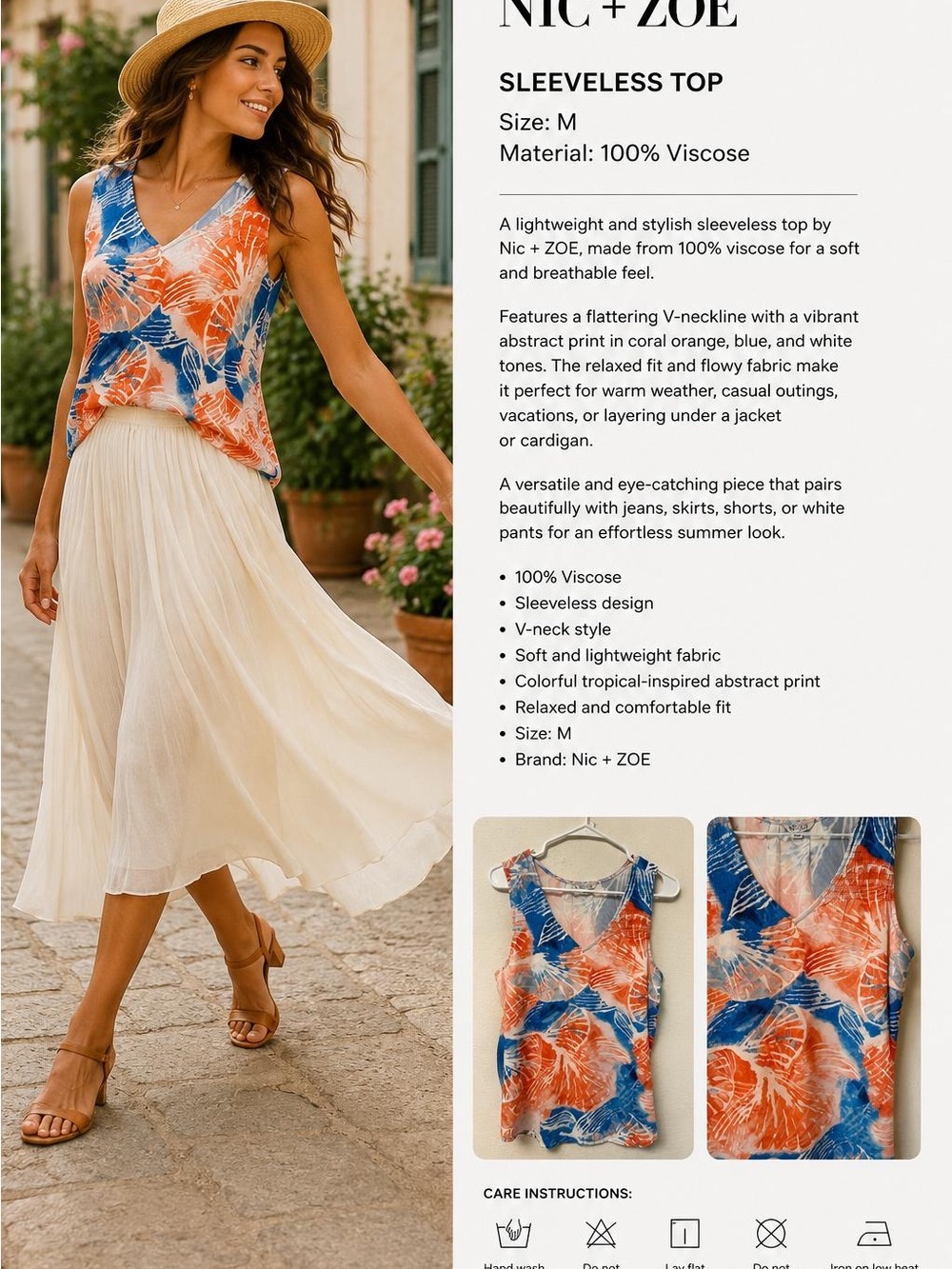 NIC+ZOE Coral Orange & Blue V‑Neck Sleeveless Top with Cream Midi Skirt